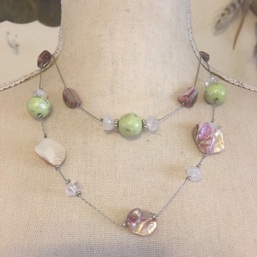 Layered double strand beaded silver chain necklace